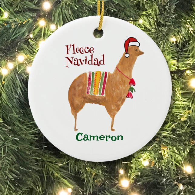 Christmas Alpaca Fleece Navidad Cute Keepsake Ceramic Ornament (This hand-illustrated Christmas ornament features an alpaca in a Santa hat. Personalize the reverse!)