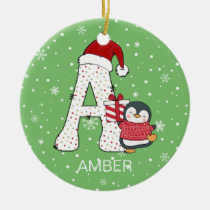 Christmas Alphabet A Santa Hat Penguin Snowflake Ceramic Ornament