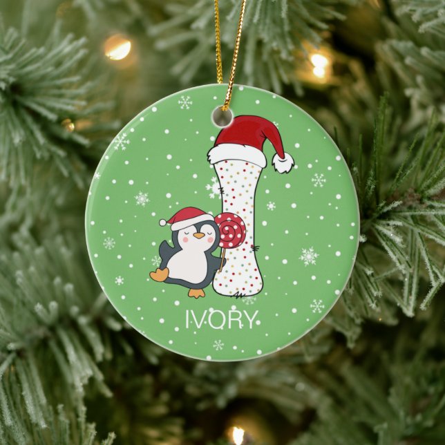 Christmas Alphabet I Santa Hat Penguin Snowflake Ceramic Ornament (Tree)