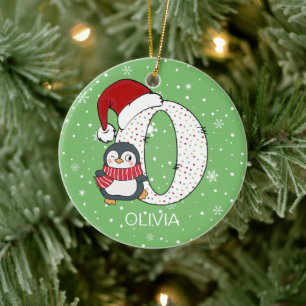 Christmas Alphabet O Santa Hat Penguin Snowflake Ceramic Ornament