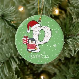 Christmas Alphabet P Santa Hat Penguin Snowflake Ceramic Ornament