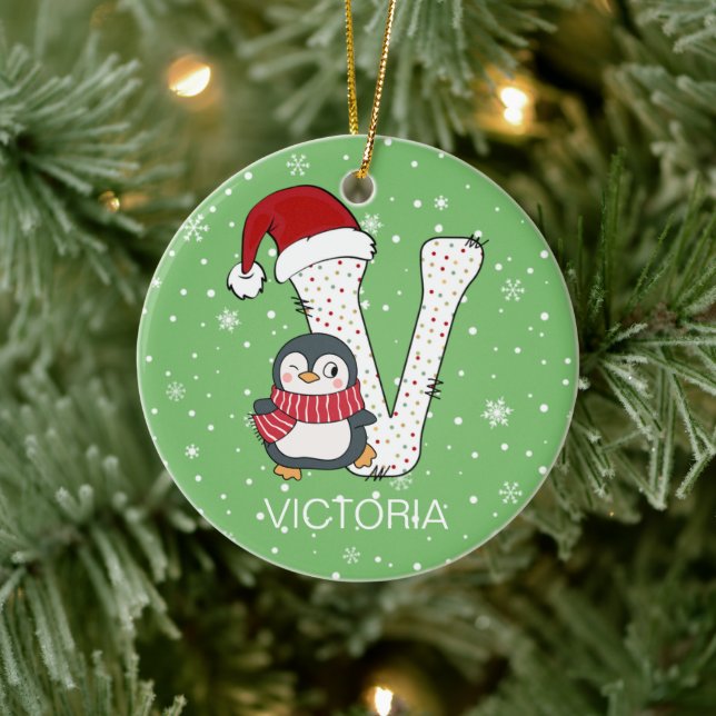 Christmas Alphabet V Santa Hat Penguin Snowflake Ceramic Ornament (Tree)