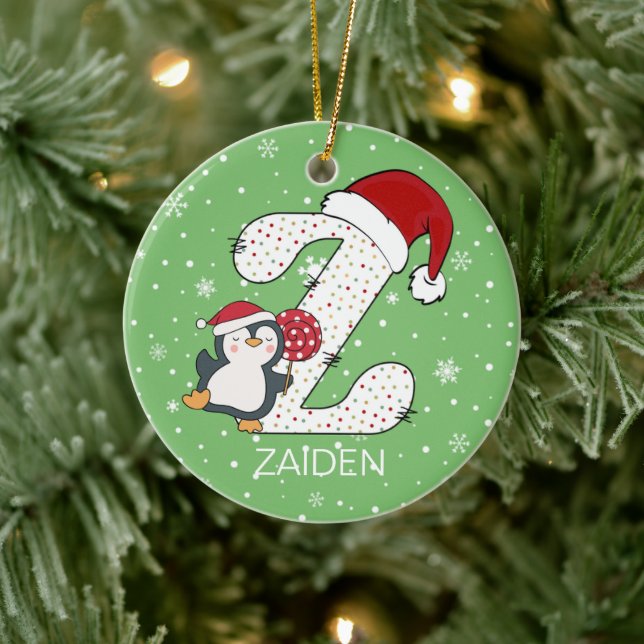 Christmas Alphabet Z Santa Hat Penguin Snowflake Ceramic Ornament (Tree)