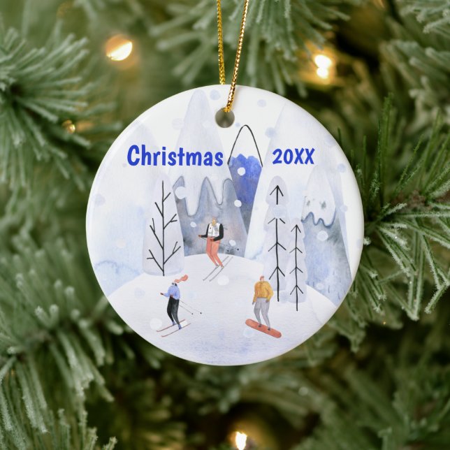 Christmas Alpine Ski Mountain Village Skiers Ceramic Ornament (Tree)