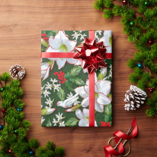 Christmas Amaryllis Doves  Holly  Green  Wrapping Paper
