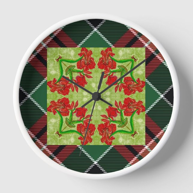 Christmas Amaryllis Plaid Coaster Clock (Front)