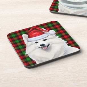 Christmas American Eskimo Dog Plaid Holiday Beverage Coaster