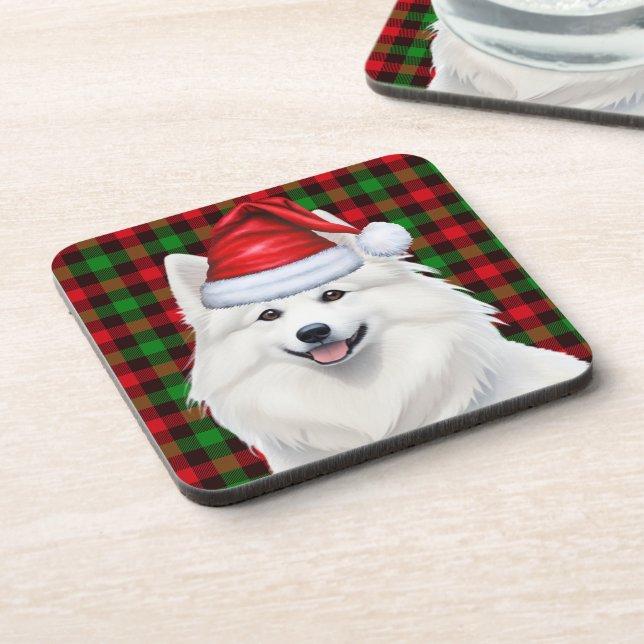 Christmas American Eskimo Dog Plaid Holiday Beverage Coaster (Left Side)