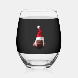 Christmas American Football Ball Santa Hat (1) Stemless Wine Glass
