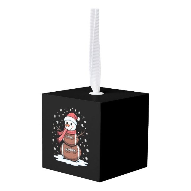 Christmas American Football Snowman Xmas Sport Cube Ornament (Back Angled)