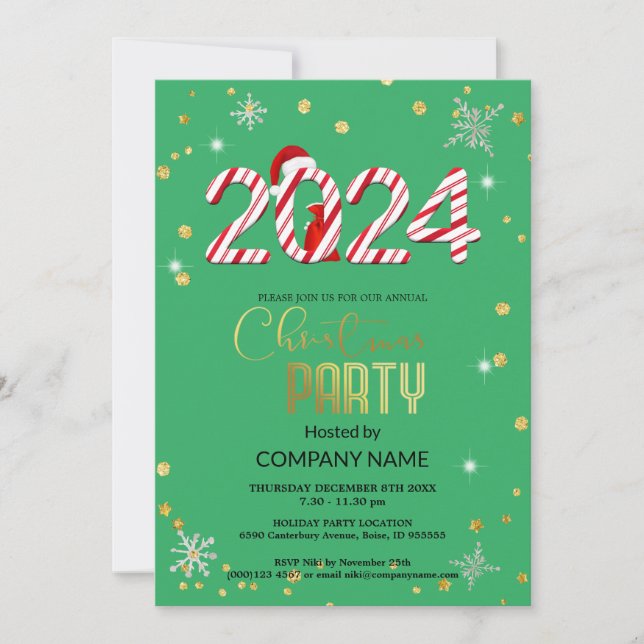 Christmas and 2024 red,  snowflake diamond,green invitation (Front)