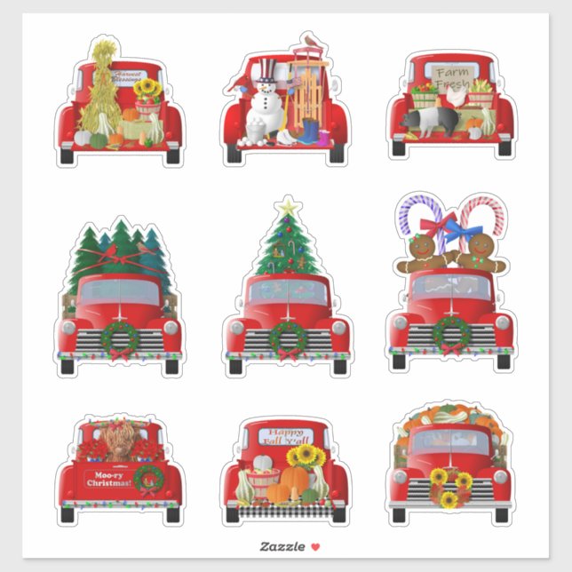 Christmas and Fall Little Red Truck Stickers (Sheet)