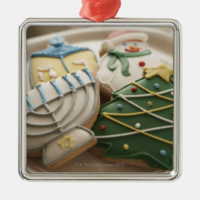 Christmas and Hanukkah cookies on plate, Metal Ornament (Front)