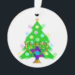 Christmas and Hanukkah Ornament<br><div class="desc">Featuring Xmas tree and menorah with jewish star of david surrounded by holiday presents on greeting cards,  postage,  gift ideas and apparel for the family.</div>