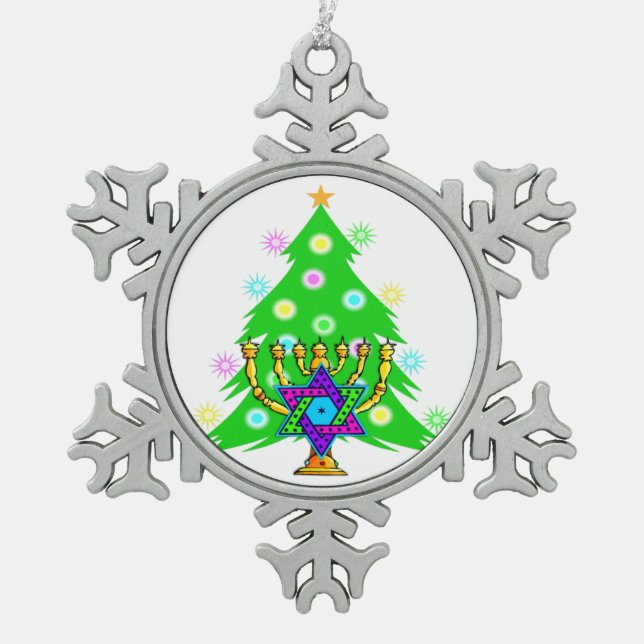 Christmas and Hanukkah Snowflake Pewter Christmas Ornament (Front)