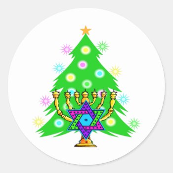 Christmas And Hanukkah Together Classic Round Sticker by bonfirechristmas at Zazzle