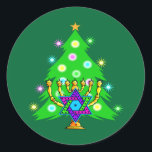 Christmas and Hanukkah Together Classic Round Sticker<br><div class="desc">Christmas and Hanukkah on gifts for interfaith families that celebrate the joy of Christmas and beauty of Chanukah.  Featuring Xmas tree and menorah with jewish star of david surrounded by holiday presents on greeting cards,  postage,  gift ideas and apparel for the family.</div>