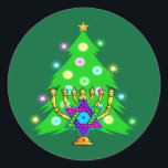 Christmas and Hanukkah Together Classic Round Sticker<br><div class="desc">Christmas and Hanukkah on gifts for interfaith families that celebrate the joy of Christmas and beauty of Chanukah.  Featuring Xmas tree and menorah with jewish star of david surrounded by holiday presents on greeting cards,  postage,  gift ideas and apparel for the family.</div>