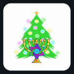 Christmas and Hanukkah Together Square Sticker<br><div class="desc">Featuring Xmas tree and menorah with jewish star of david surrounded by holiday presents on greeting cards,  postage,  gift ideas and apparel for the family.</div>