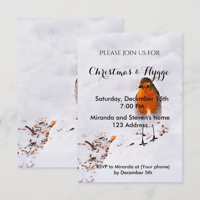 Christmas and Hygge invite card cute robin in snow (Front/Back)