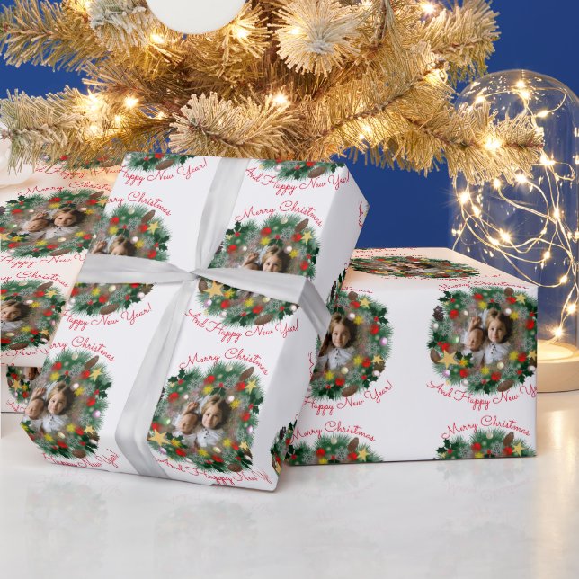 Christmas and New Year greetings, photo in wreath Wrapping Paper (Holidays)