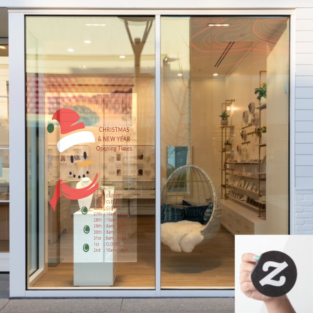 Christmas and New Year Opening Times Santa Snowman Window Cling (Store Window)