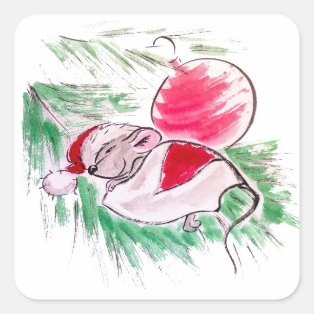 Christmas and New Year sleeping little mouse Square Sticker (Front)