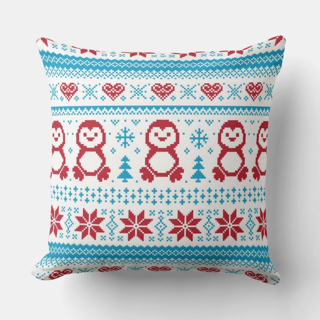 Christmas and Winter knitted pattern Throw Pillow (Front)