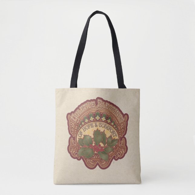 Christmas and Yule Blessings, Holly Star Pattern Tote Bag (Front)