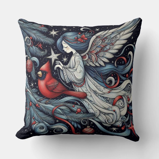 Christmas Angel and Cardinal Throw Pillow (Front)