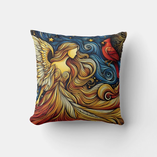 Christmas Angel and Cardinal Throw Pillow (Front)