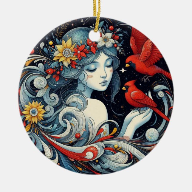 Christmas Angel and Cardinals  Ceramic Ornament (Front)