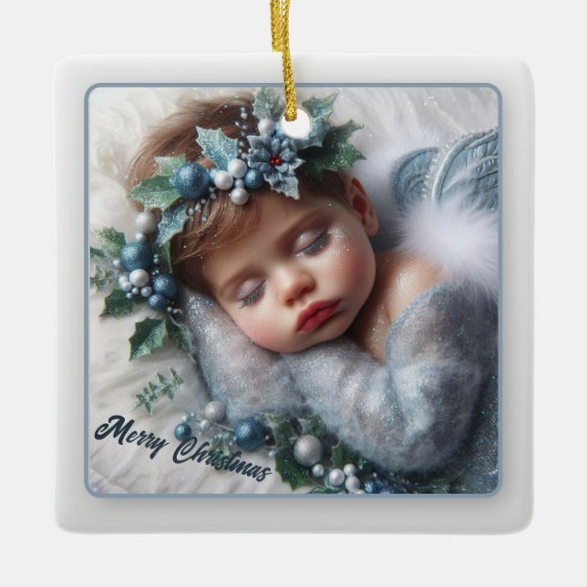 Christmas Angel and Holly Ceramic Ornament (Front)