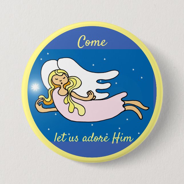 Christmas angel and star come let us adore Him Button (Front)