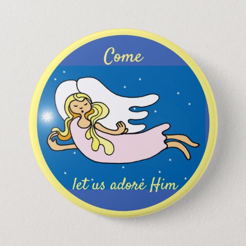 Christmas angel and star come let us adore Him Button