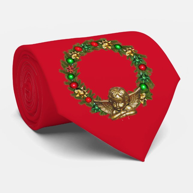 Christmas Angel and Wreath Red Neck Tie (Rolled)