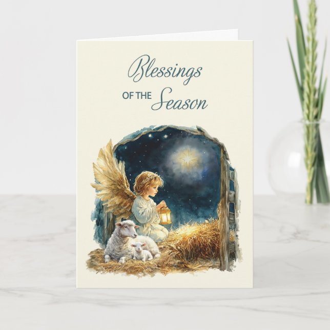 Christmas Angel at Manger Blessings of the Season Card (Front)