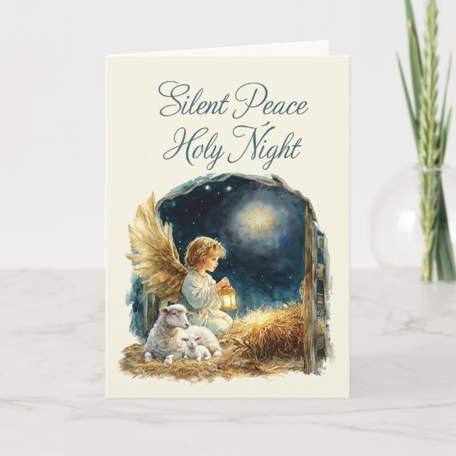 Christmas Angel at Manger Silent Peace Holy Night Card (Front)