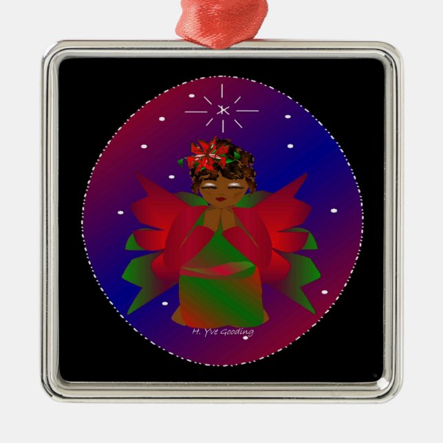 Christmas Angel Baby Around the World In Black IV Metal Ornament (Front)