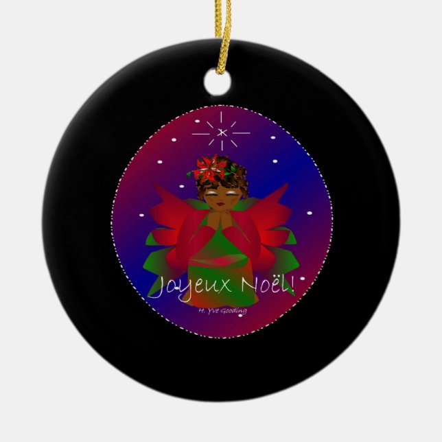 Christmas Angel Baby Praying Joyeux Noel Ceramic Ornament (Front)