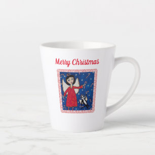 Christmas Angel Black Cat in sky Candy Canes Frame Latte Mug