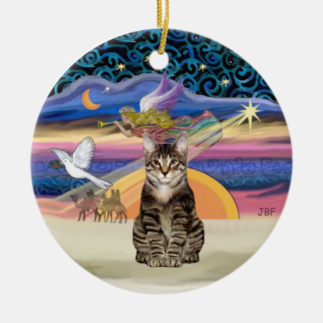 Christmas Angel - Brown Tabby Tiger cat Ceramic Ornament (Front)