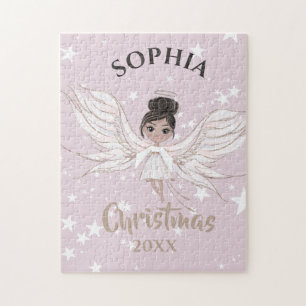 Christmas Angel Dark Hair Pink White Jigsaw Puzzle