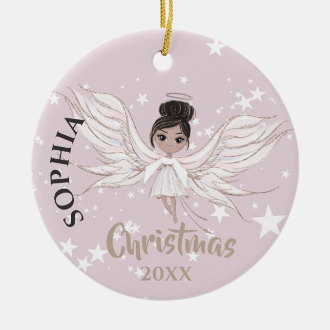 Christmas Angel Dark Hair Stars Photo Pink Cute  Ceramic Ornament (Front)