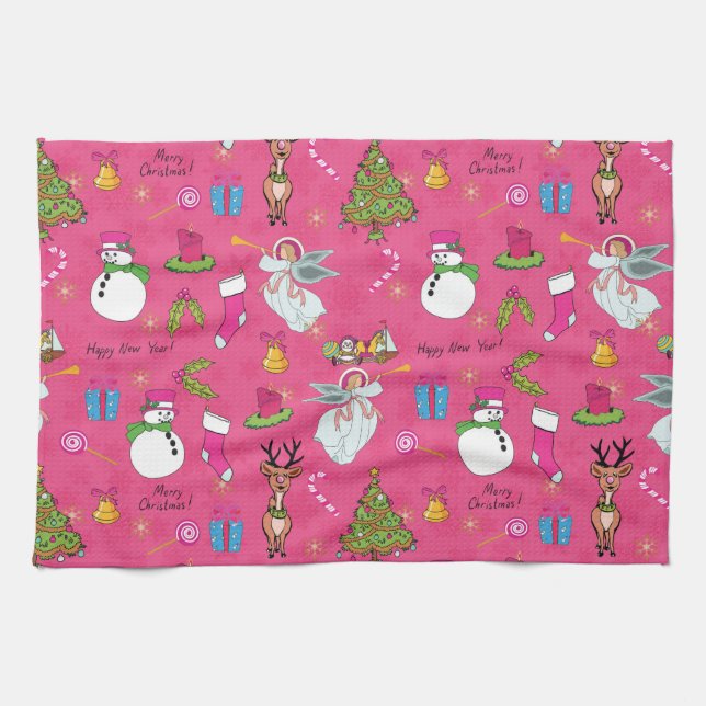 Christmas angel,deer and snowman kitchen towel (Horizontal)