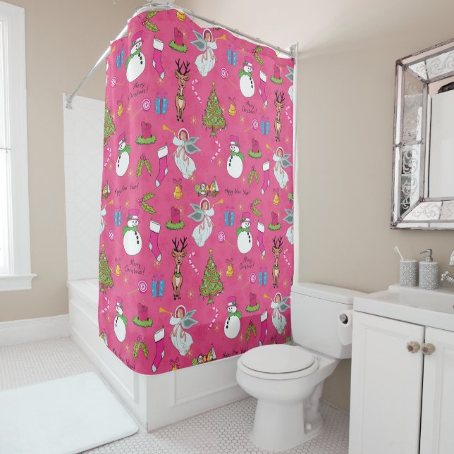 Christmas angel,deer and snowman shower curtain (In Situ)
