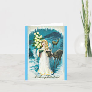 Christmas Angel & Deer Vintage Holiday Card