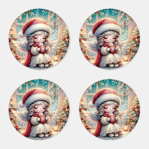 Christmas Angel Drinking Hot Cocoa  Coaster Set