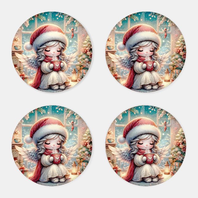 Christmas Angel Drinking Hot Cocoa  Coaster Set (Set)