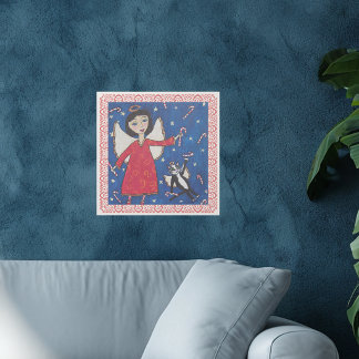 Christmas Angel Floating in Sky Cat Candy Canes Gallery Wrap
